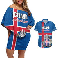 Personalized Iceland Coat of Arms Couples Matching Off Shoulder Short Dress and Hawaiian Shirt Runic Alphabet Viking Runes Pattern