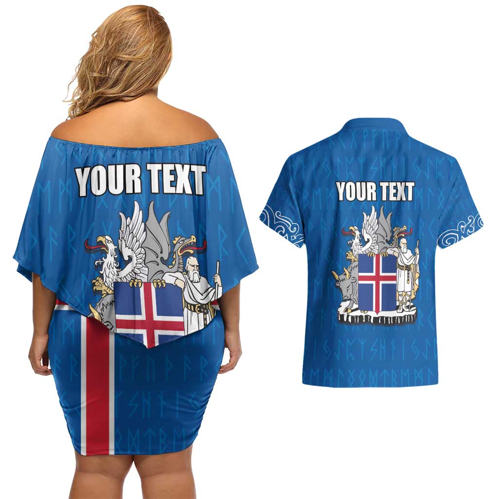 Personalized Iceland Coat of Arms Couples Matching Off Shoulder Short Dress and Hawaiian Shirt Runic Alphabet Viking Runes Pattern