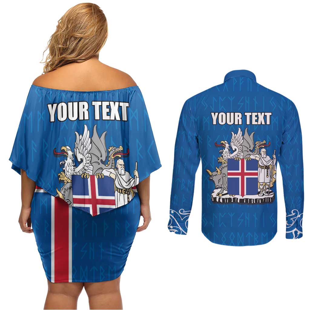 Personalized Iceland Coat of Arms Couples Matching Off Shoulder Short Dress and Long Sleeve Button Shirt Runic Alphabet Viking Runes Pattern