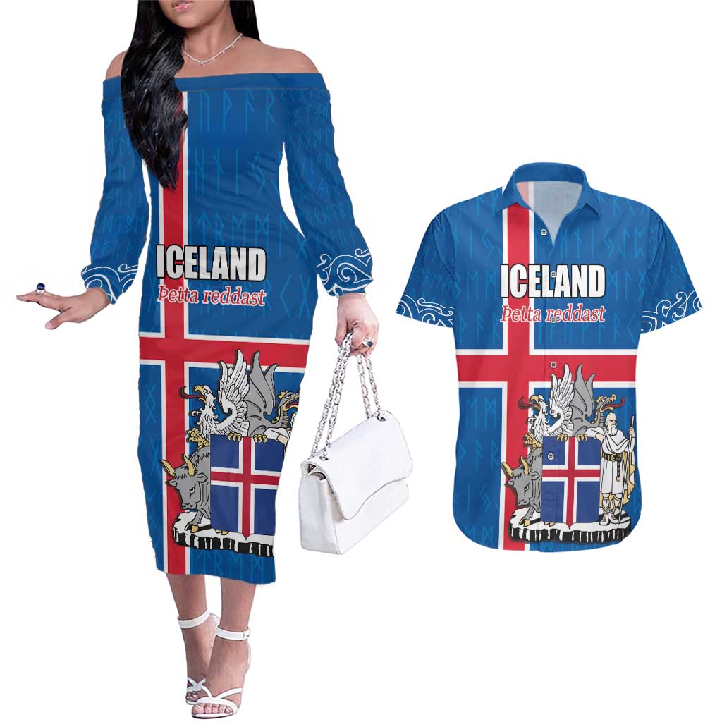 Personalized Iceland Coat of Arms Couples Matching Off The Shoulder Long Sleeve Dress and Hawaiian Shirt Runic Alphabet Viking Runes Pattern