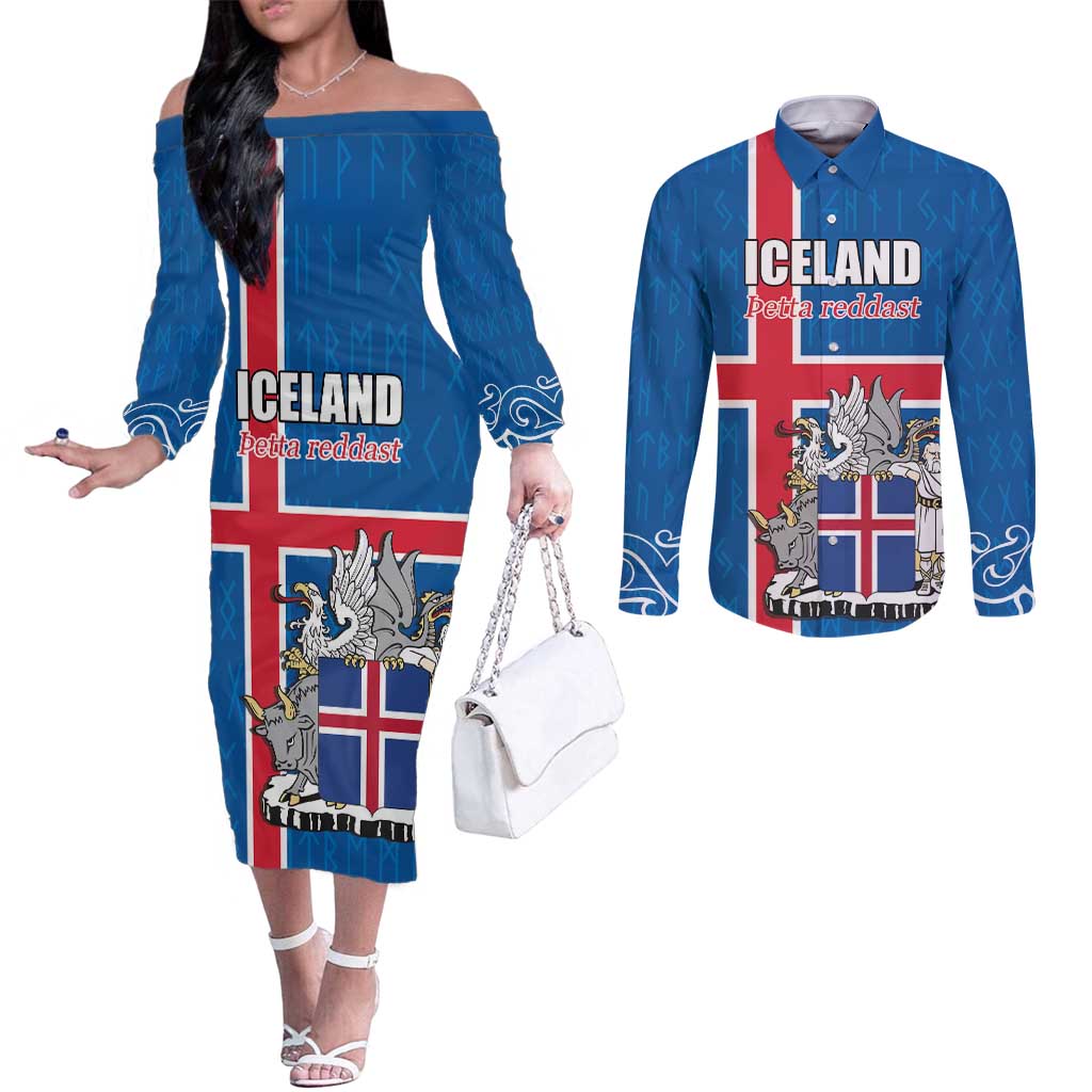 Personalized Iceland Coat of Arms Couples Matching Off The Shoulder Long Sleeve Dress and Long Sleeve Button Shirt Runic Alphabet Viking Runes Pattern
