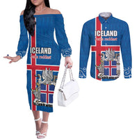 Personalized Iceland Coat of Arms Couples Matching Off The Shoulder Long Sleeve Dress and Long Sleeve Button Shirt Runic Alphabet Viking Runes Pattern