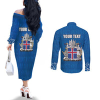 Personalized Iceland Coat of Arms Couples Matching Off The Shoulder Long Sleeve Dress and Long Sleeve Button Shirt Runic Alphabet Viking Runes Pattern