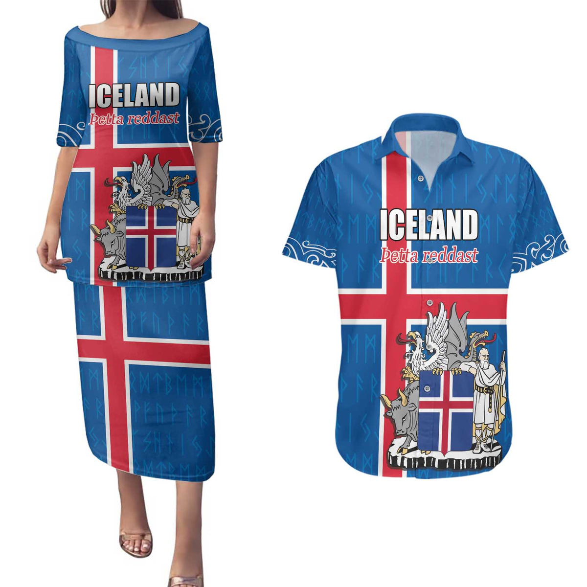 Personalized Iceland Coat of Arms Couples Matching Puletasi and Hawaiian Shirt Runic Alphabet Viking Runes Pattern