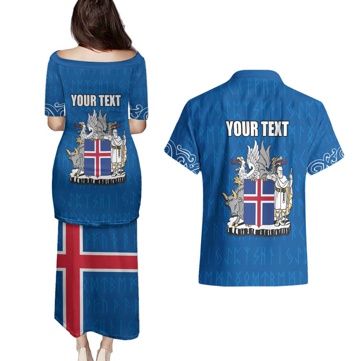 Personalized Iceland Coat of Arms Couples Matching Puletasi and Hawaiian Shirt Runic Alphabet Viking Runes Pattern
