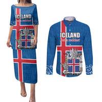Personalized Iceland Coat of Arms Couples Matching Puletasi and Long Sleeve Button Shirt Runic Alphabet Viking Runes Pattern