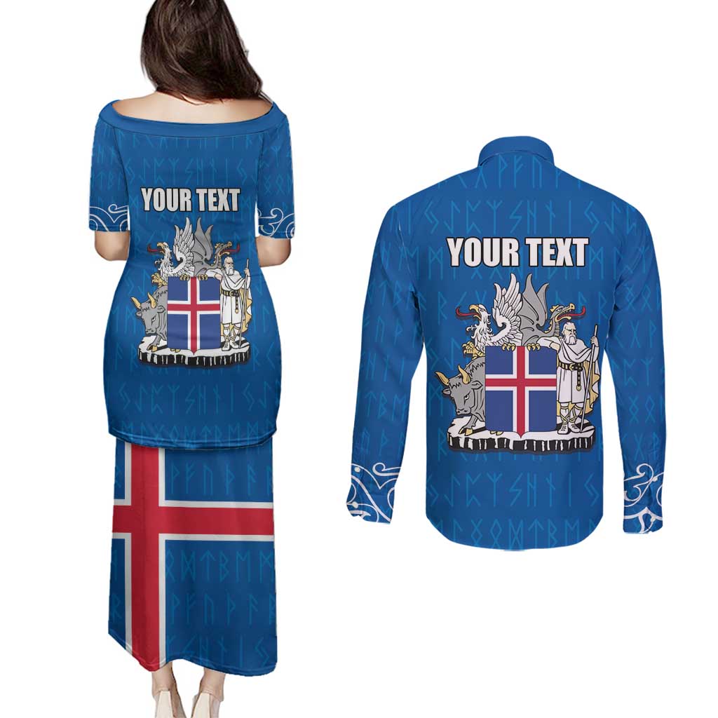 Personalized Iceland Coat of Arms Couples Matching Puletasi and Long Sleeve Button Shirt Runic Alphabet Viking Runes Pattern