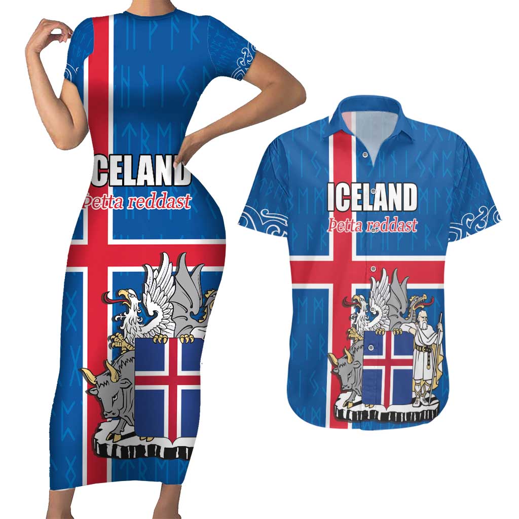 Personalized Iceland Coat of Arms Couples Matching Short Sleeve Bodycon Dress and Hawaiian Shirt Runic Alphabet Viking Runes Pattern