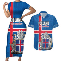 Personalized Iceland Coat of Arms Couples Matching Short Sleeve Bodycon Dress and Hawaiian Shirt Runic Alphabet Viking Runes Pattern