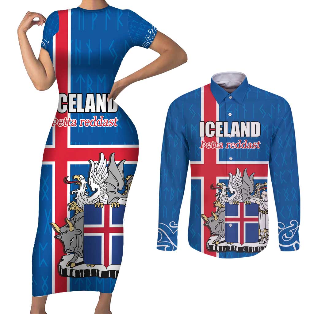 Personalized Iceland Coat of Arms Couples Matching Short Sleeve Bodycon Dress and Long Sleeve Button Shirt Runic Alphabet Viking Runes Pattern