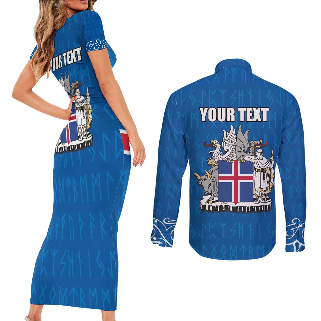 Personalized Iceland Coat of Arms Couples Matching Short Sleeve Bodycon Dress and Long Sleeve Button Shirt Runic Alphabet Viking Runes Pattern