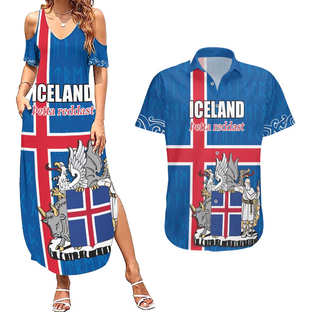 Personalized Iceland Coat of Arms Couples Matching Summer Maxi Dress and Hawaiian Shirt Runic Alphabet Viking Runes Pattern