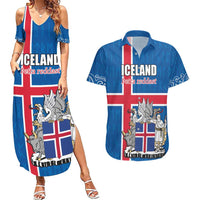 Personalized Iceland Coat of Arms Couples Matching Summer Maxi Dress and Hawaiian Shirt Runic Alphabet Viking Runes Pattern