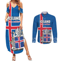 Personalized Iceland Coat of Arms Couples Matching Summer Maxi Dress and Long Sleeve Button Shirt Runic Alphabet Viking Runes Pattern