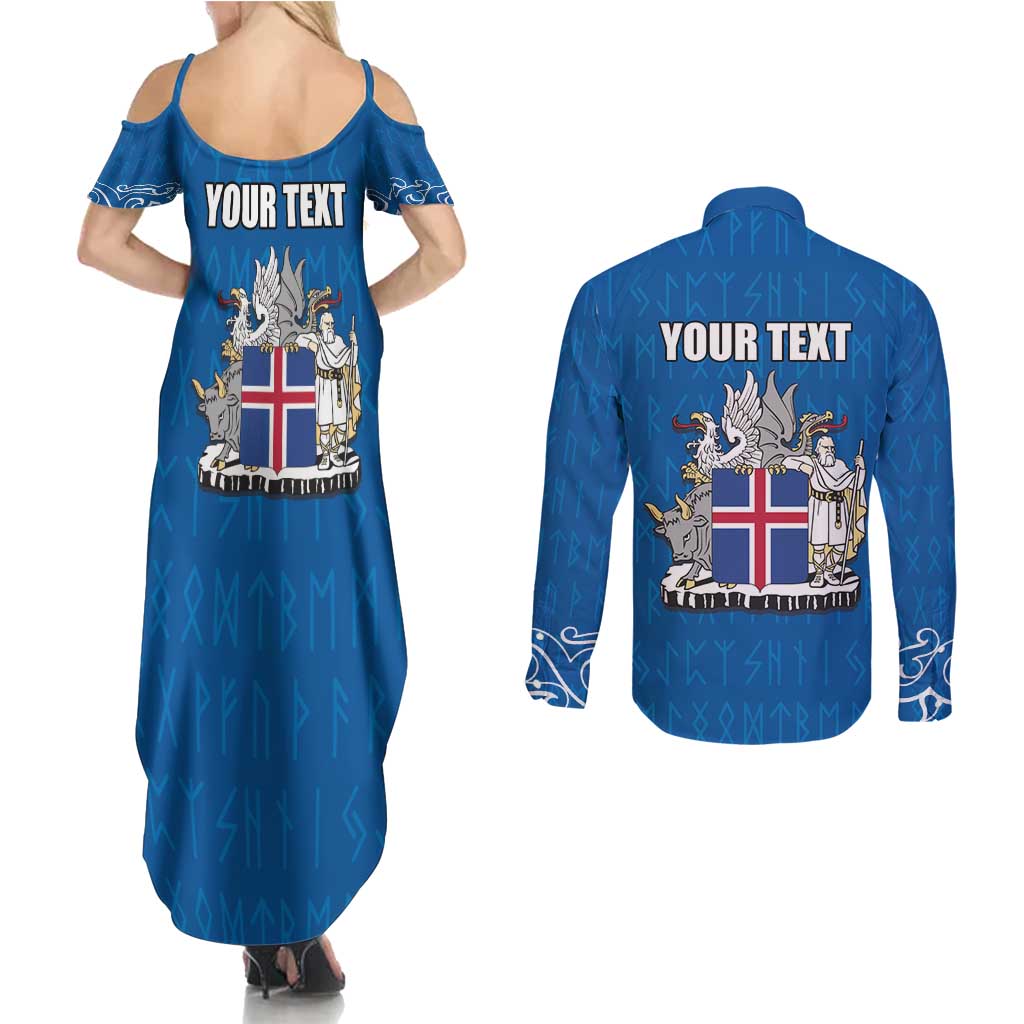 Personalized Iceland Coat of Arms Couples Matching Summer Maxi Dress and Long Sleeve Button Shirt Runic Alphabet Viking Runes Pattern