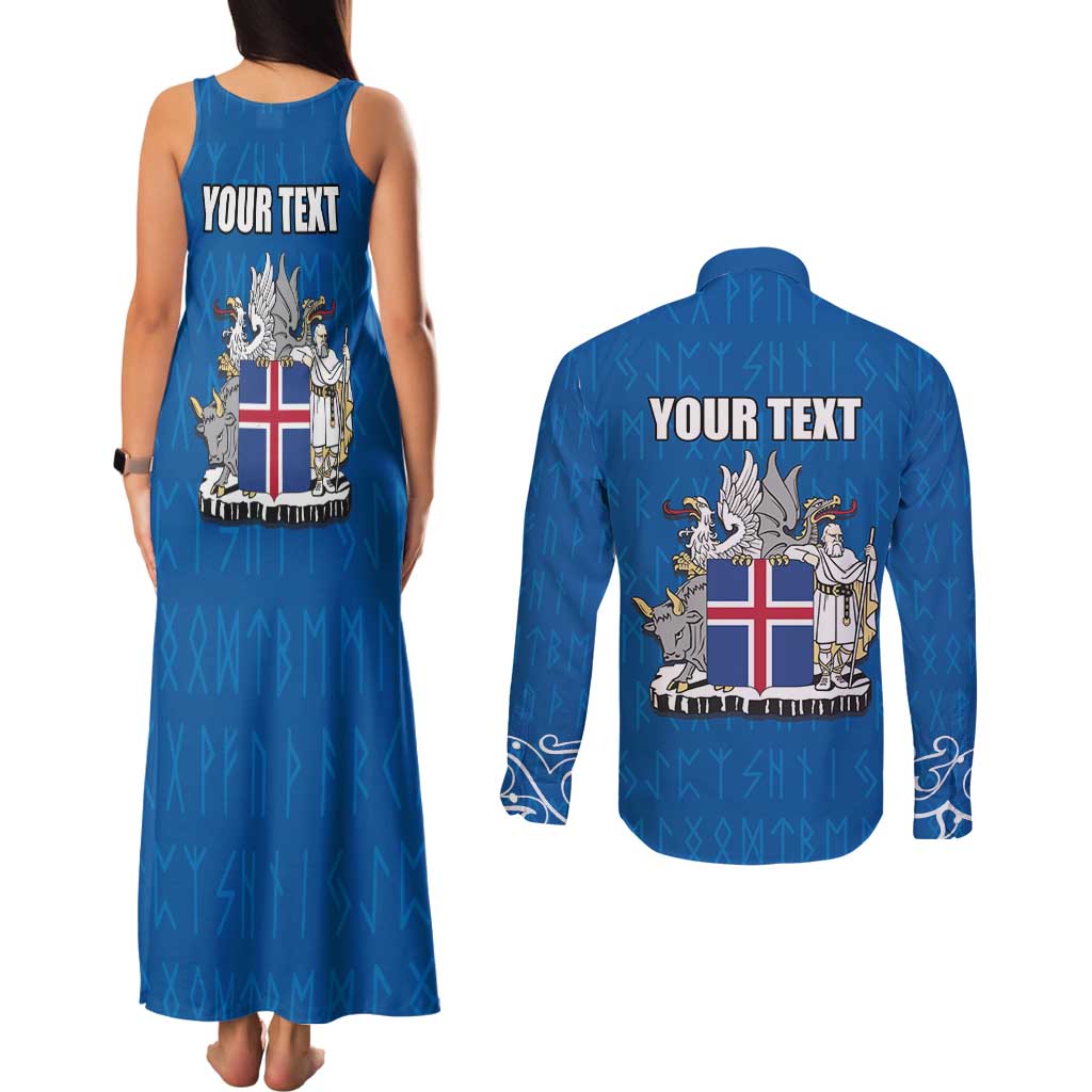Personalized Iceland Coat of Arms Couples Matching Tank Maxi Dress and Long Sleeve Button Shirt Runic Alphabet Viking Runes Pattern