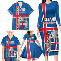 Personalized Iceland Coat of Arms Family Matching Long Sleeve Bodycon Dress and Hawaiian Shirt Runic Alphabet Viking Runes Pattern