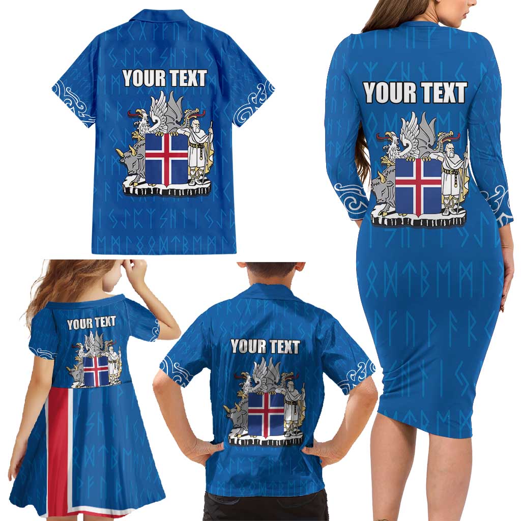 Personalized Iceland Coat of Arms Family Matching Long Sleeve Bodycon Dress and Hawaiian Shirt Runic Alphabet Viking Runes Pattern