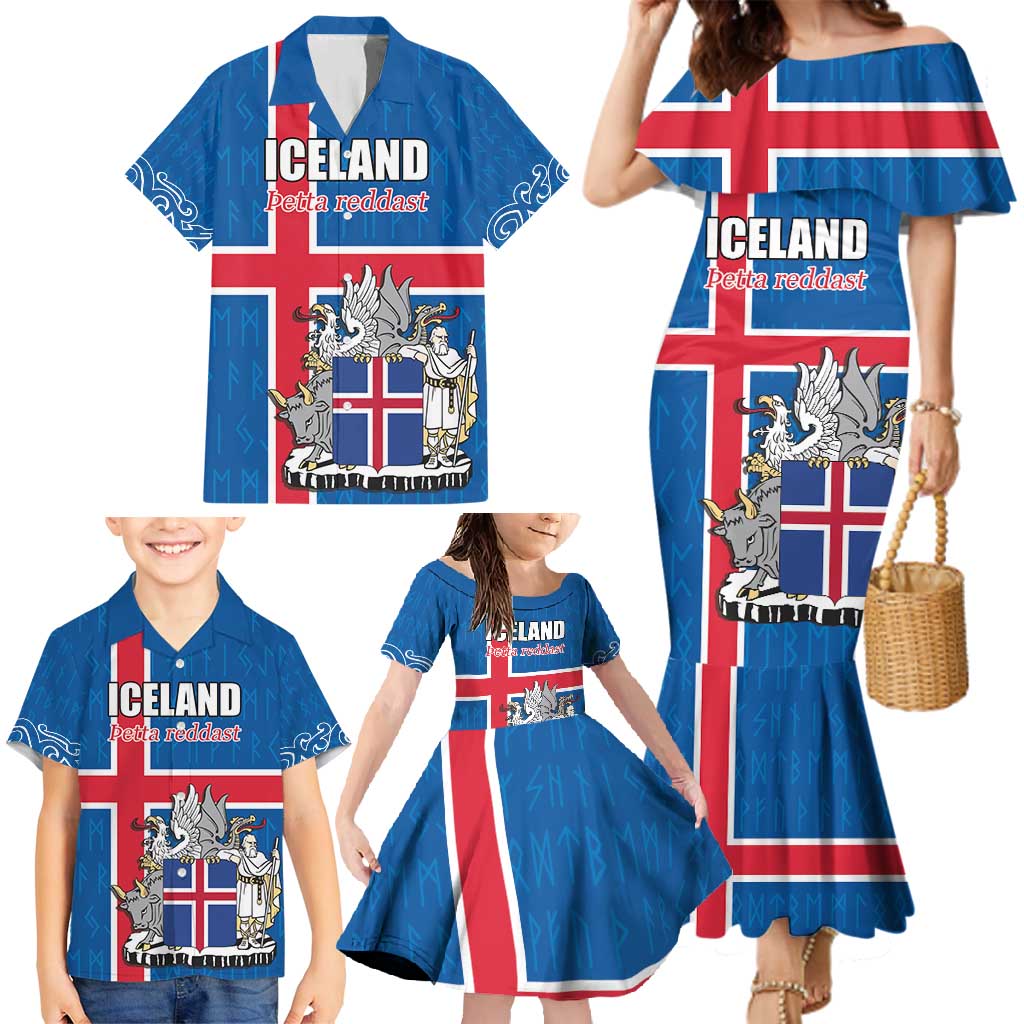 Personalized Iceland Coat of Arms Family Matching Mermaid Dress and Hawaiian Shirt Runic Alphabet Viking Runes Pattern