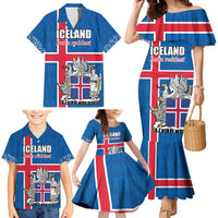 Personalized Iceland Coat of Arms Family Matching Mermaid Dress and Hawaiian Shirt Runic Alphabet Viking Runes Pattern