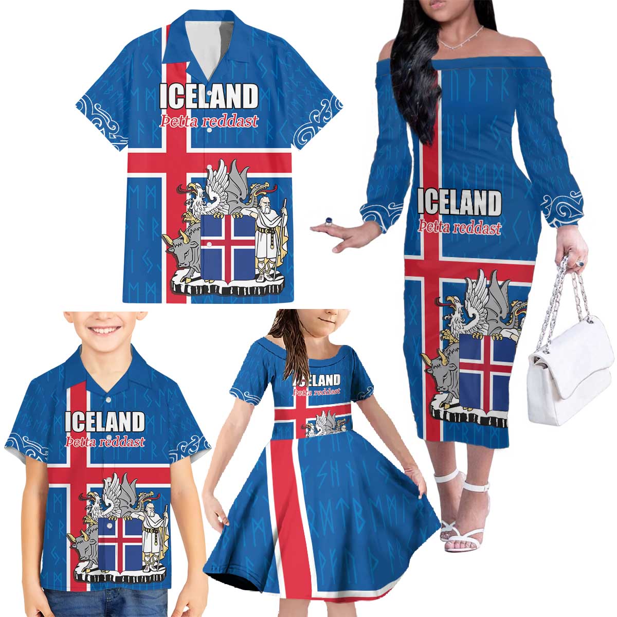 Personalized Iceland Coat of Arms Family Matching Off The Shoulder Long Sleeve Dress and Hawaiian Shirt Runic Alphabet Viking Runes Pattern