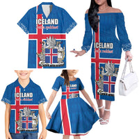 Personalized Iceland Coat of Arms Family Matching Off The Shoulder Long Sleeve Dress and Hawaiian Shirt Runic Alphabet Viking Runes Pattern