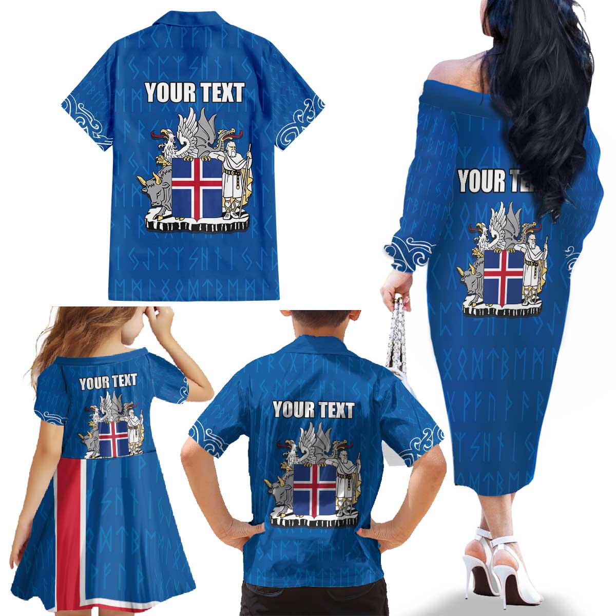 Personalized Iceland Coat of Arms Family Matching Off The Shoulder Long Sleeve Dress and Hawaiian Shirt Runic Alphabet Viking Runes Pattern