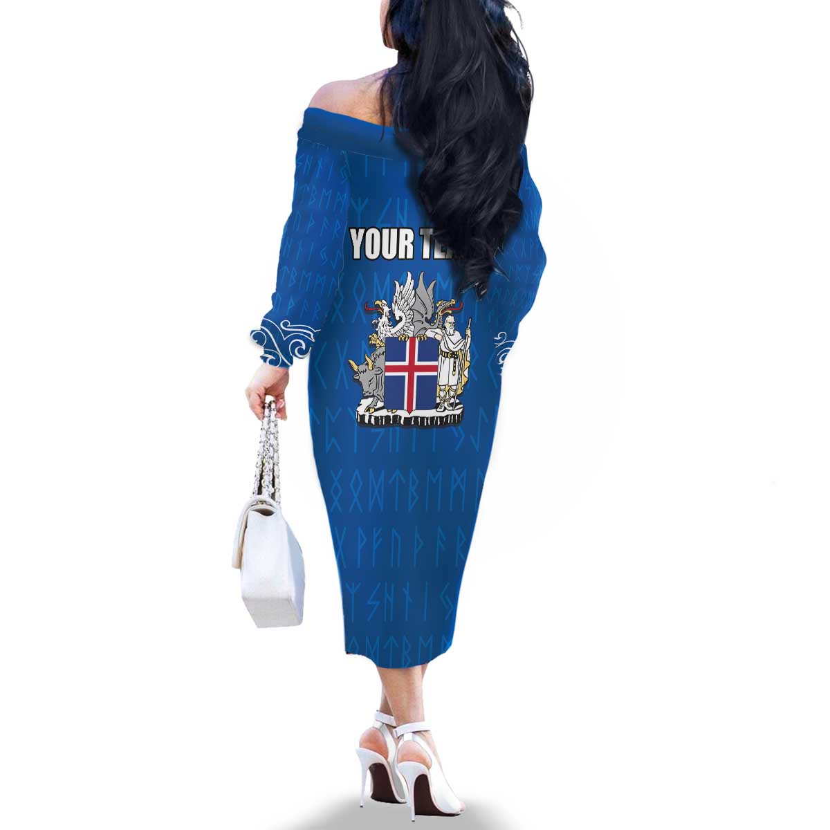 Personalized Iceland Coat of Arms Family Matching Off The Shoulder Long Sleeve Dress and Hawaiian Shirt Runic Alphabet Viking Runes Pattern
