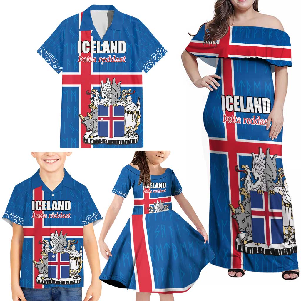 Personalized Iceland Coat of Arms Family Matching Off Shoulder Maxi Dress and Hawaiian Shirt Runic Alphabet Viking Runes Pattern