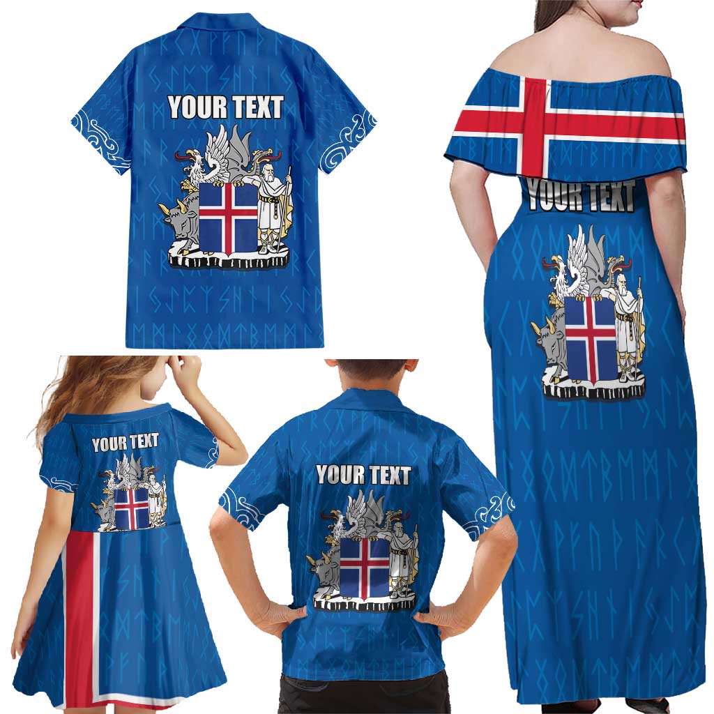 Personalized Iceland Coat of Arms Family Matching Off Shoulder Maxi Dress and Hawaiian Shirt Runic Alphabet Viking Runes Pattern