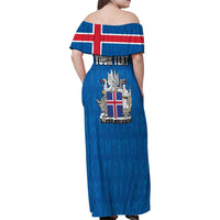 Personalized Iceland Coat of Arms Family Matching Off Shoulder Maxi Dress and Hawaiian Shirt Runic Alphabet Viking Runes Pattern
