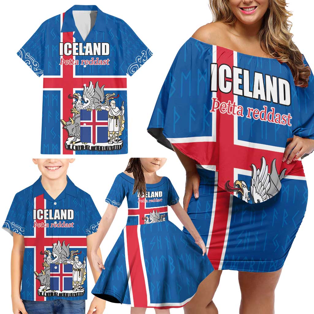 Personalized Iceland Coat of Arms Family Matching Off Shoulder Short Dress and Hawaiian Shirt Runic Alphabet Viking Runes Pattern