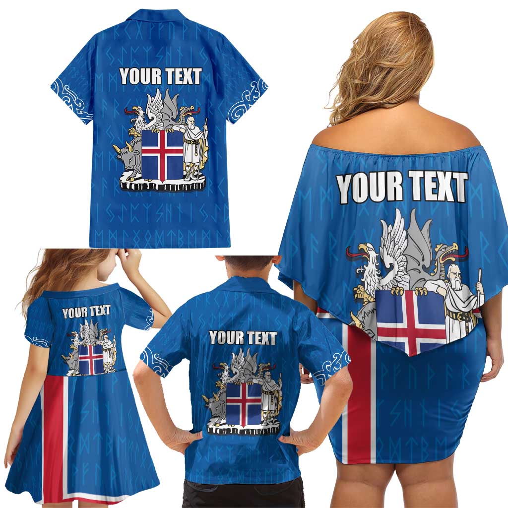 Personalized Iceland Coat of Arms Family Matching Off Shoulder Short Dress and Hawaiian Shirt Runic Alphabet Viking Runes Pattern