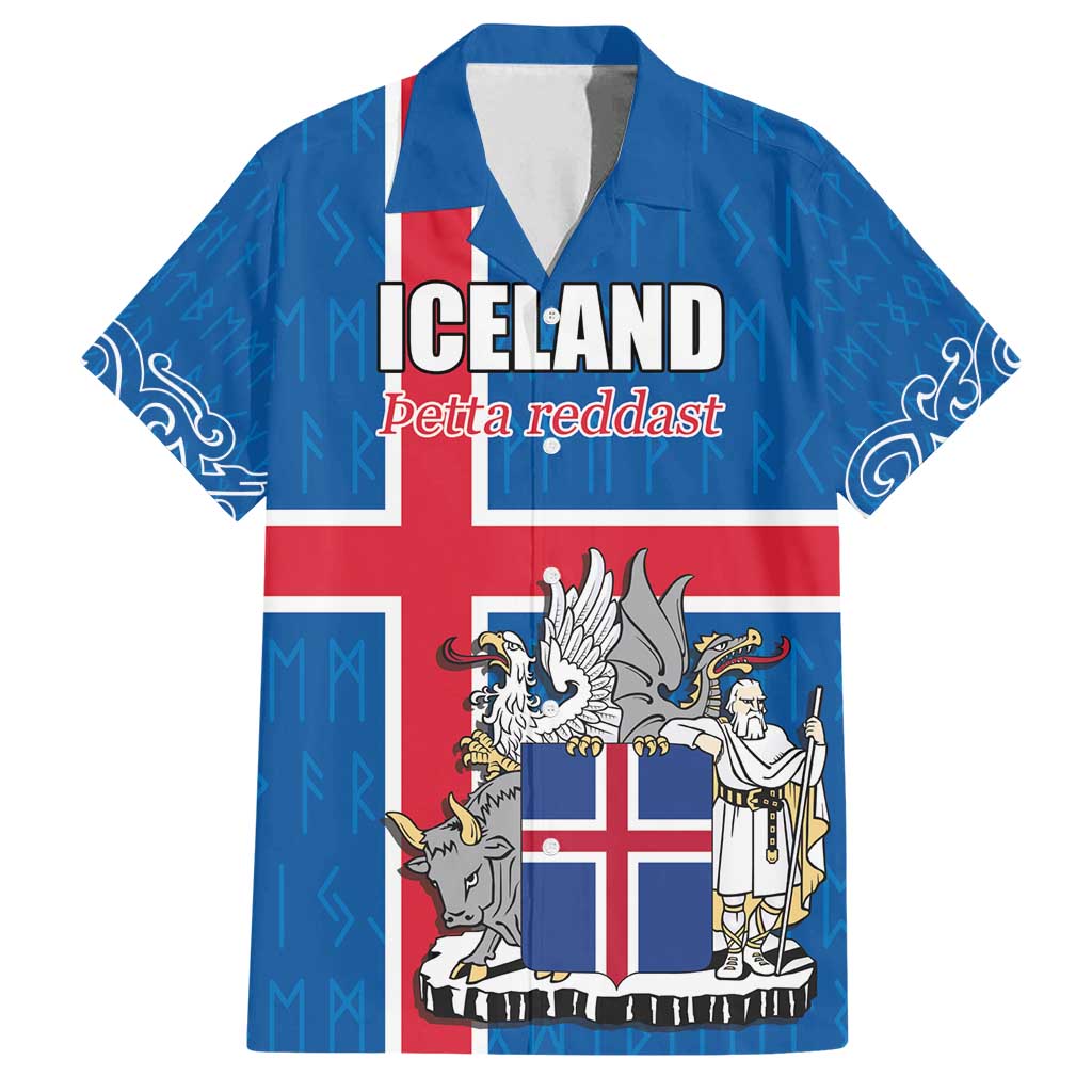 Personalized Iceland Coat of Arms Family Matching Off Shoulder Short Dress and Hawaiian Shirt Runic Alphabet Viking Runes Pattern