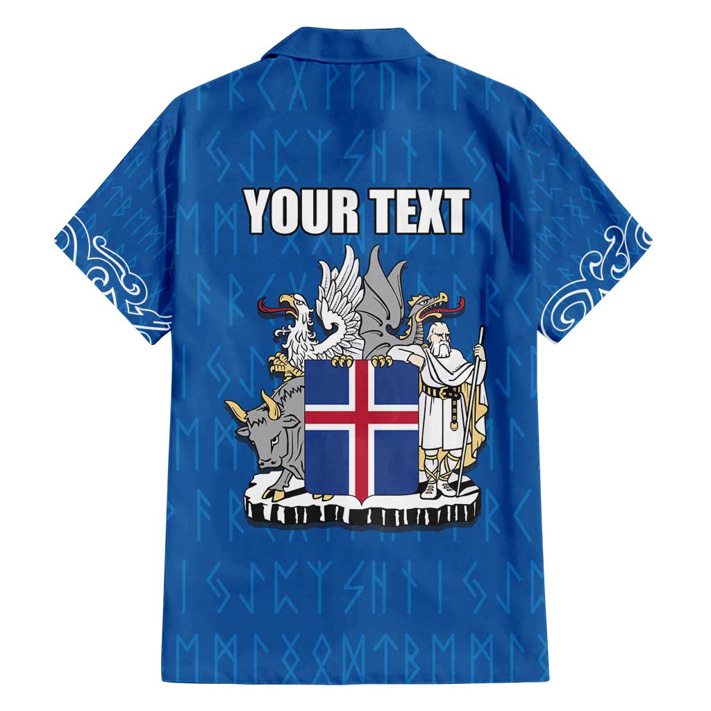 Personalized Iceland Coat of Arms Family Matching Off Shoulder Short Dress and Hawaiian Shirt Runic Alphabet Viking Runes Pattern