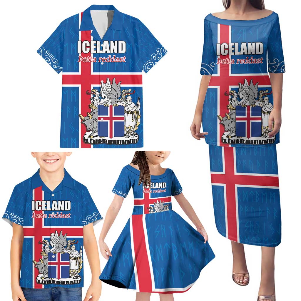 Personalized Iceland Coat of Arms Family Matching Puletasi and Hawaiian Shirt Runic Alphabet Viking Runes Pattern