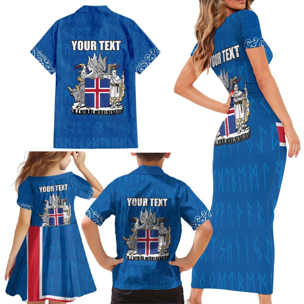 Personalized Iceland Coat of Arms Family Matching Short Sleeve Bodycon Dress and Hawaiian Shirt Runic Alphabet Viking Runes Pattern