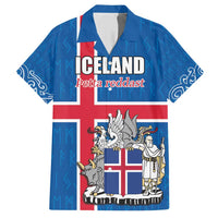 Personalized Iceland Coat of Arms Family Matching Short Sleeve Bodycon Dress and Hawaiian Shirt Runic Alphabet Viking Runes Pattern