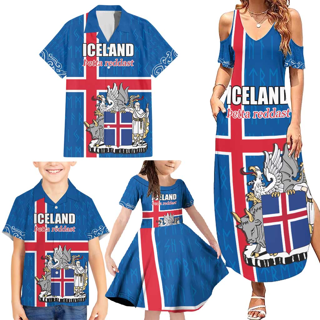 Personalized Iceland Coat of Arms Family Matching Summer Maxi Dress and Hawaiian Shirt Runic Alphabet Viking Runes Pattern