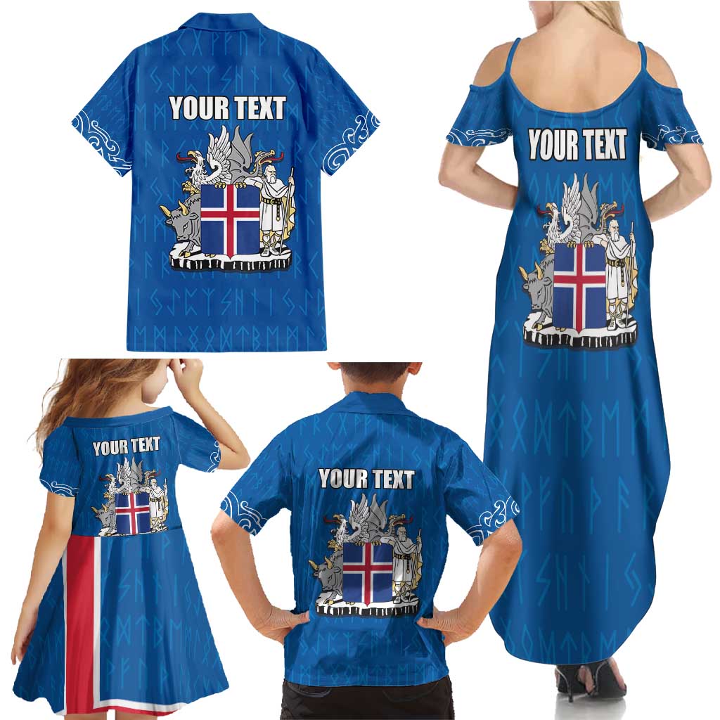 Personalized Iceland Coat of Arms Family Matching Summer Maxi Dress and Hawaiian Shirt Runic Alphabet Viking Runes Pattern
