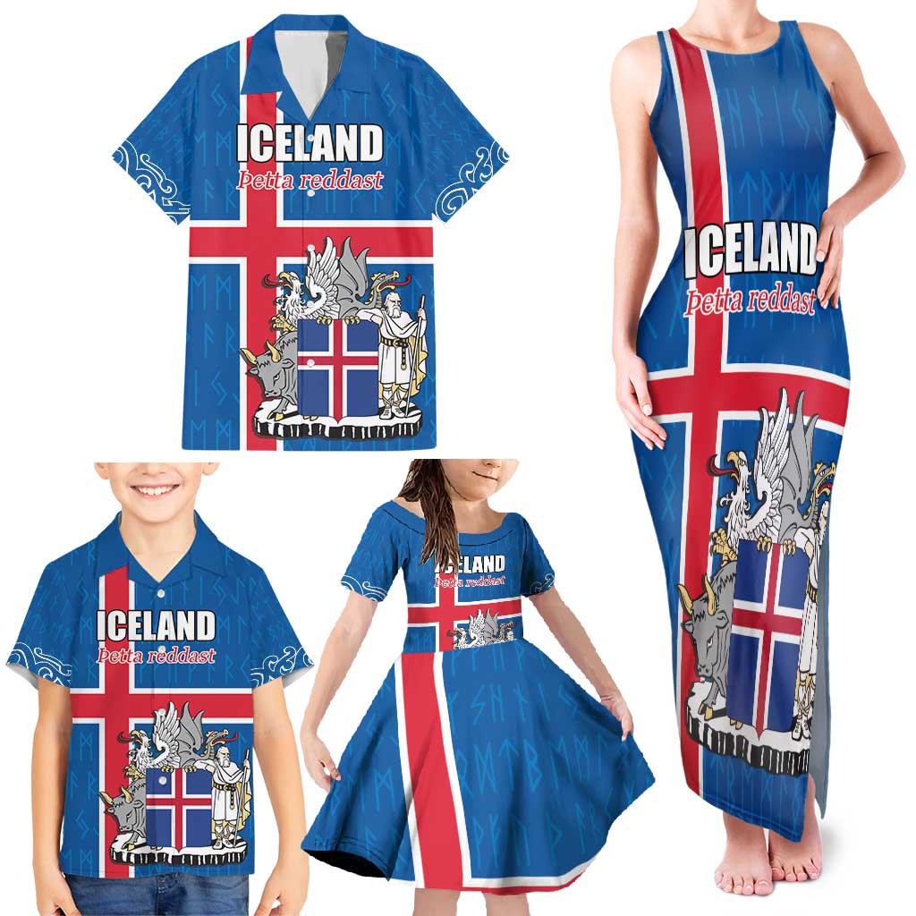 Personalized Iceland Coat of Arms Family Matching Tank Maxi Dress and Hawaiian Shirt Runic Alphabet Viking Runes Pattern