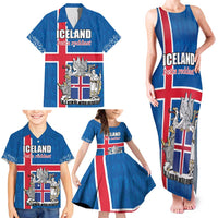 Personalized Iceland Coat of Arms Family Matching Tank Maxi Dress and Hawaiian Shirt Runic Alphabet Viking Runes Pattern