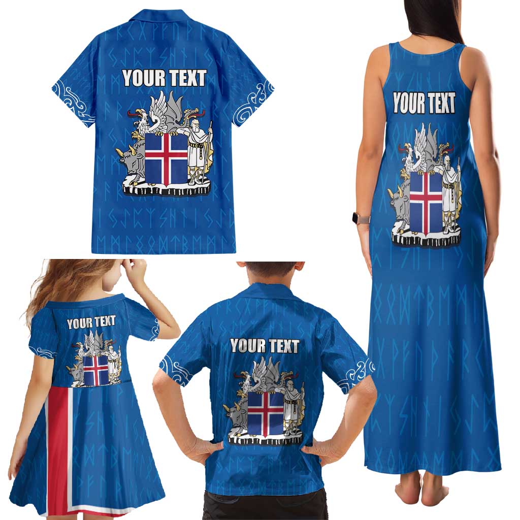 Personalized Iceland Coat of Arms Family Matching Tank Maxi Dress and Hawaiian Shirt Runic Alphabet Viking Runes Pattern