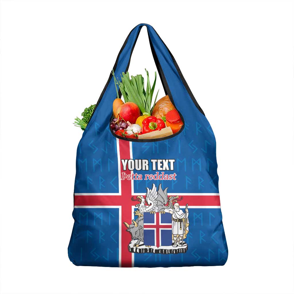 Personalized Iceland Coat of Arms Grocery Bag Runic Alphabet Viking Runes Pattern