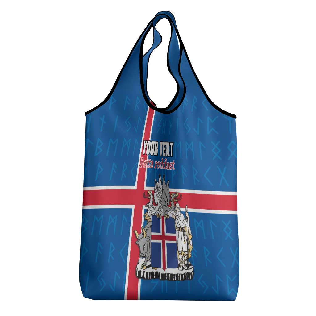 Personalized Iceland Coat of Arms Grocery Bag Runic Alphabet Viking Runes Pattern