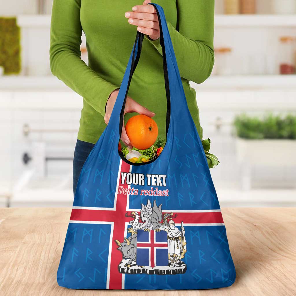 Personalized Iceland Coat of Arms Grocery Bag Runic Alphabet Viking Runes Pattern