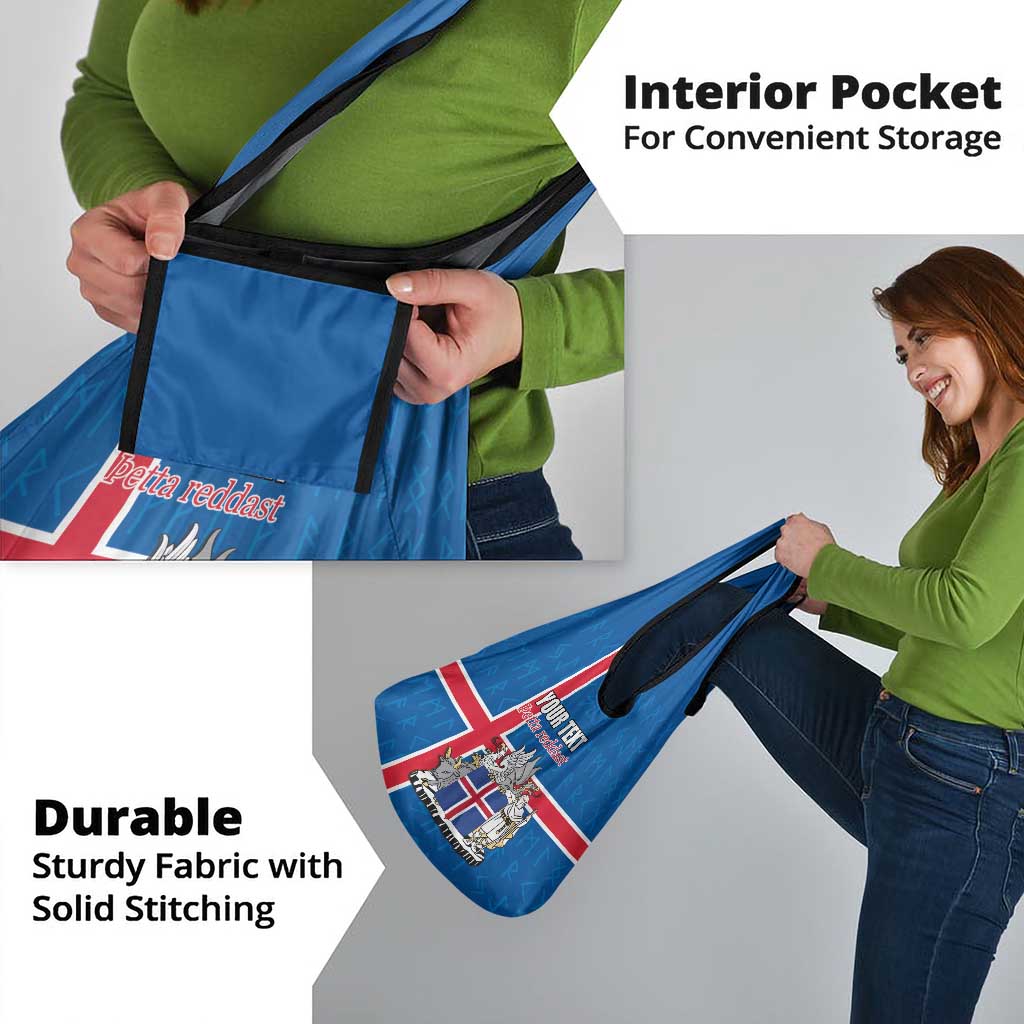 Personalized Iceland Coat of Arms Grocery Bag Runic Alphabet Viking Runes Pattern