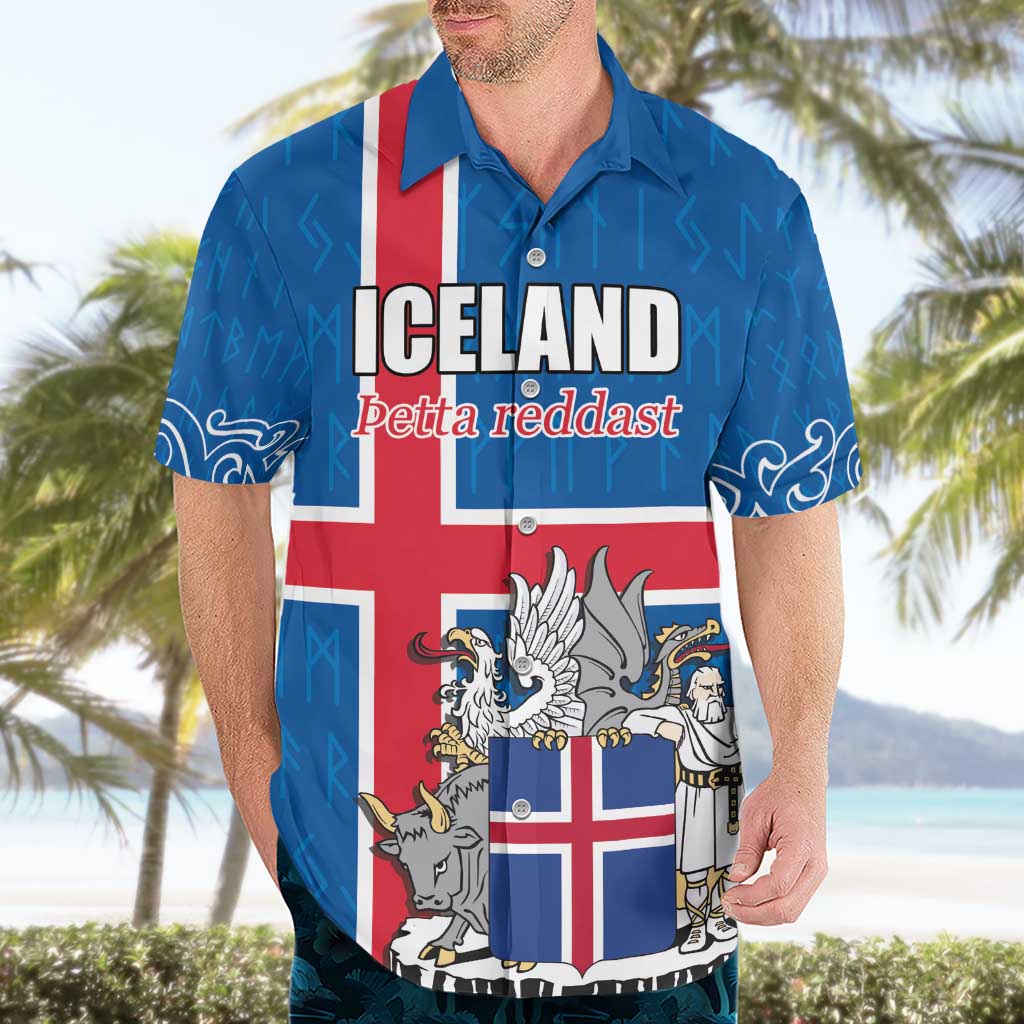 Personalized Iceland Coat of Arms Hawaiian Shirt Runic Alphabet Viking Runes Pattern