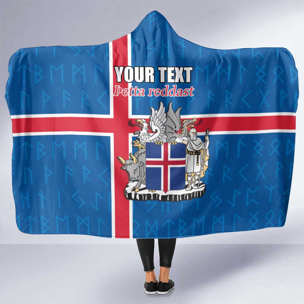 Personalized Iceland Coat of Arms Hooded Blanket Runic Alphabet Viking Runes Pattern