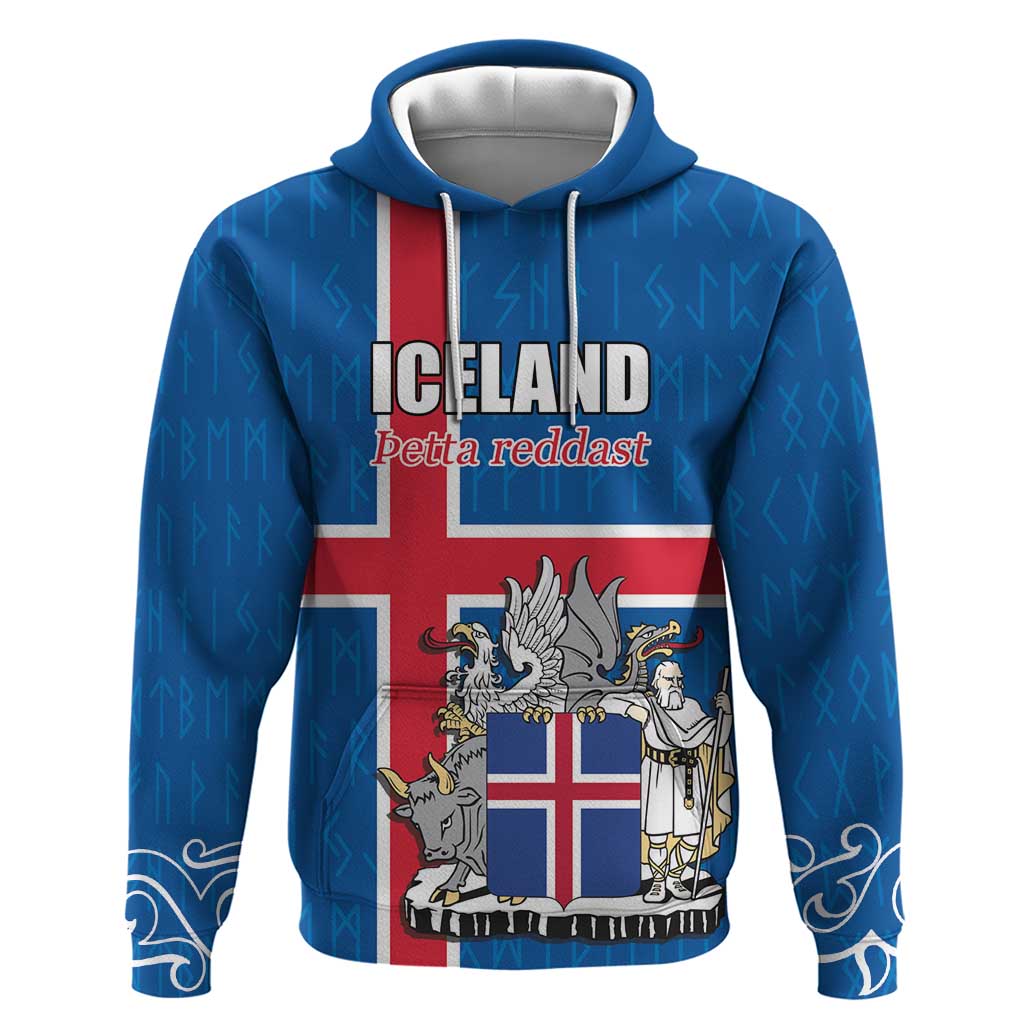 Personalized Iceland Coat of Arms Hoodie Runic Alphabet Viking Runes Pattern